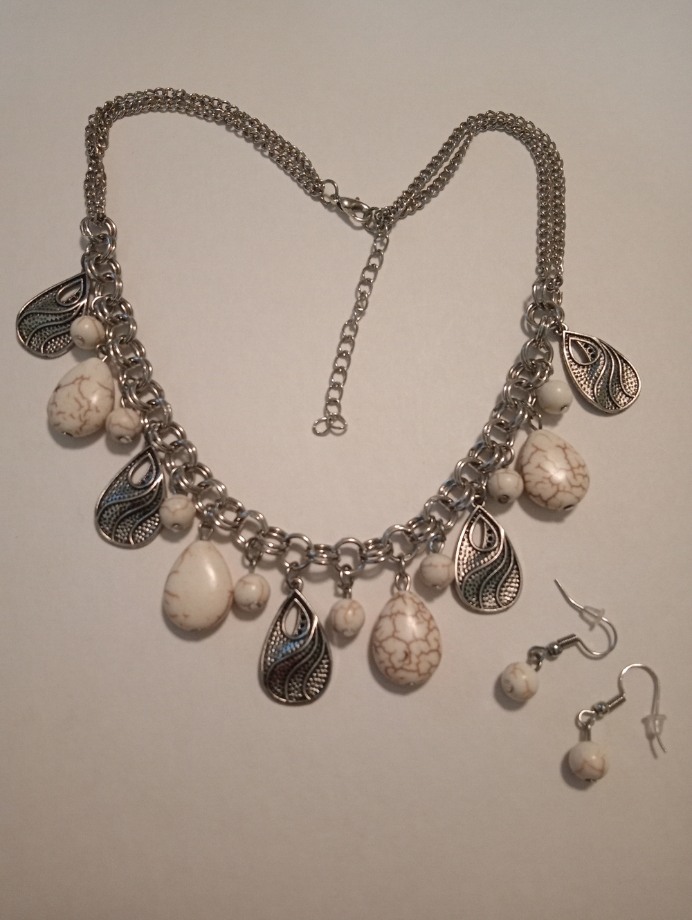 #1179.  Silver Toned & Semi Precious Stone Necklace & Earring Set.